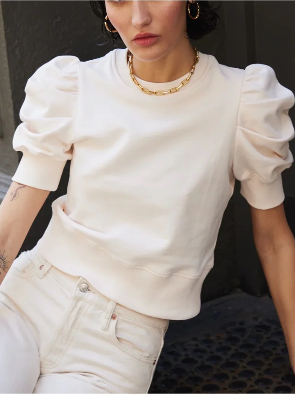 Sold Put NYC Just Enough Organic Cotton Puff Sleeve Cream Sweatshirt
